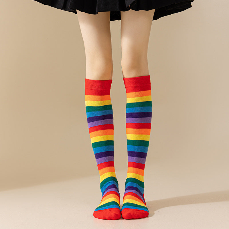 Rainbow Striped European and American Socks Women's Long Tube Party Show Halloween Cosplay Calf Socks