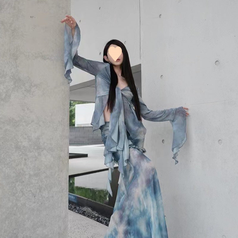 Summer New Retro Top Women's Pure Desire Blue Gradual Change Tie-dye Ruffle Leaf Edge Streamer Horn Sleeve Shirt