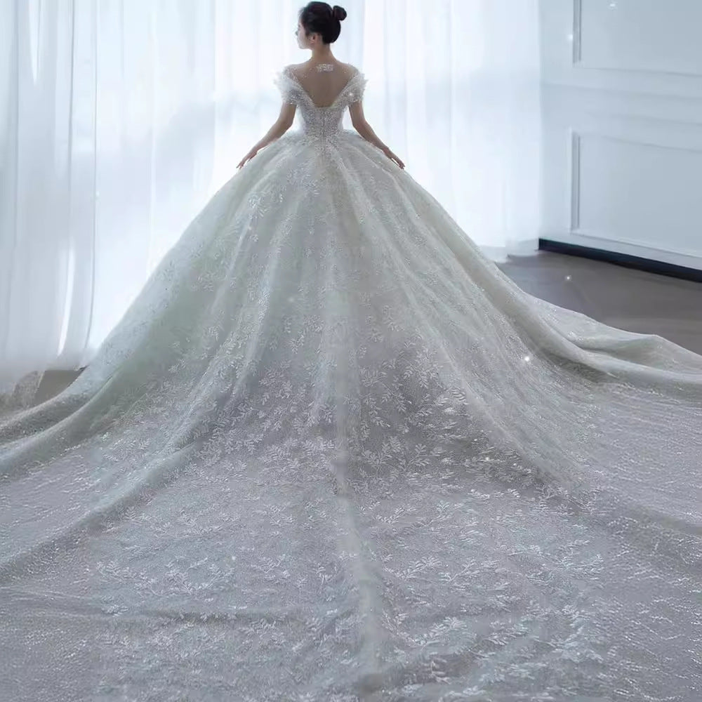 Empire Waist Maternity Wedding Gown | Bump-Friendly Princess Cut & Royal Train | Regal French Alençon Lace Dress