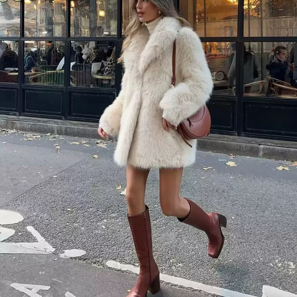 Teddy Luxe Faux Fur Coat Notch Lapel Long Sleeve Winter Warm Women’s