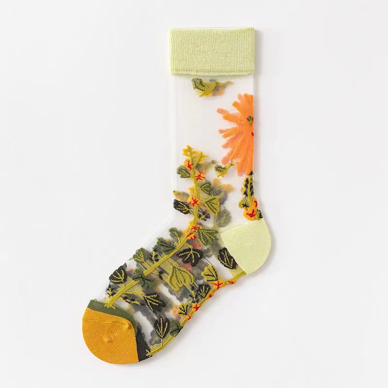 Spring and Summer Women's Socks, Thin Medium Tube Fashion Trendy Socks, European and American Style Flower Glass Stockings