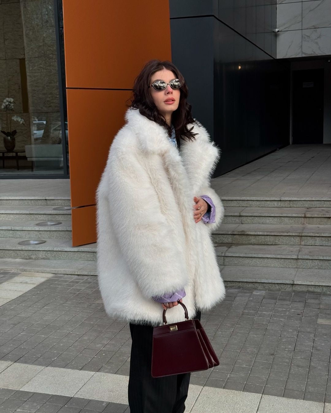 Teddy Luxe Faux Fur Coat Notch Lapel Long Sleeve Winter Warm Women’s