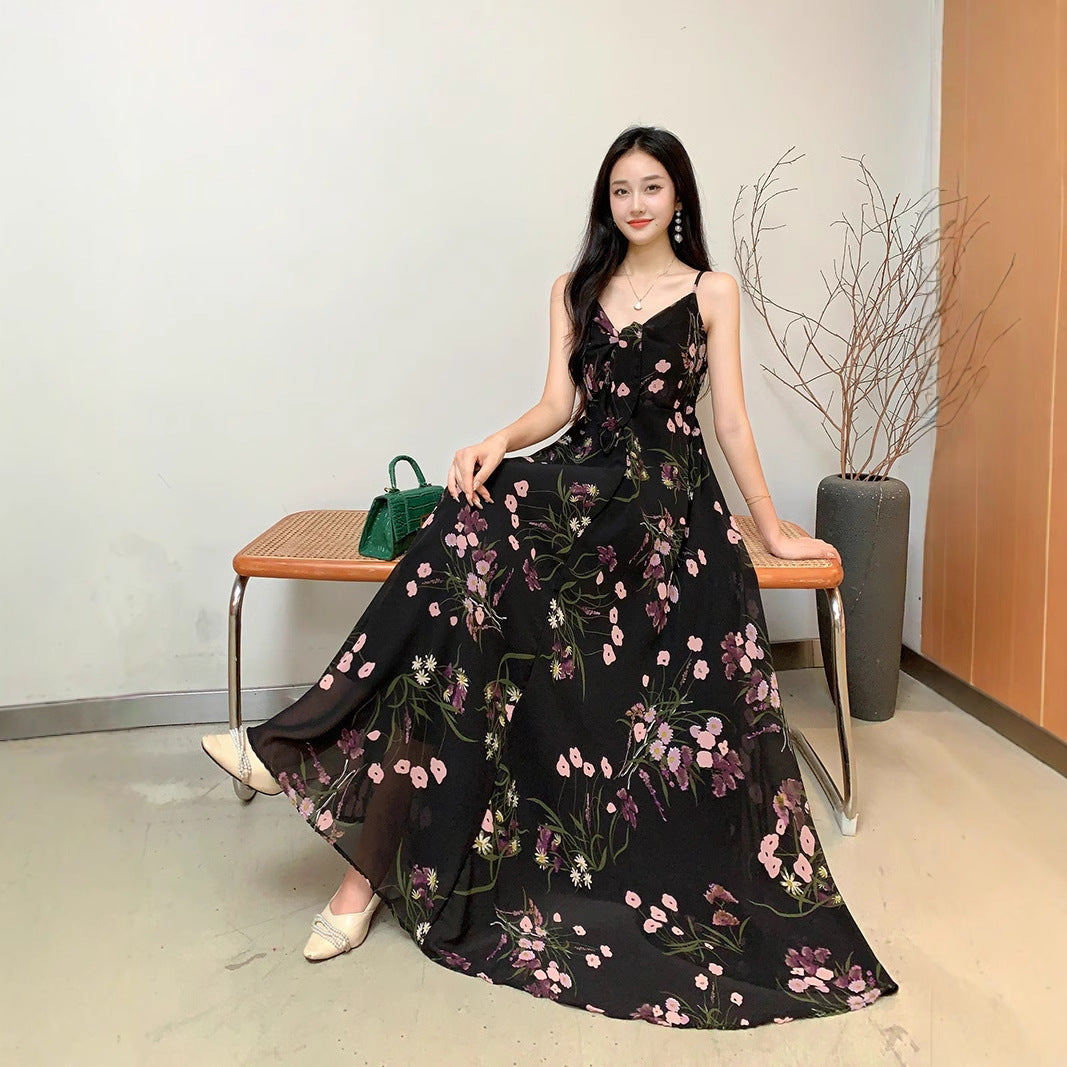 Temperament Royal Sister Fan Dress Women's Fashion Floral Age Reduction Medium and Long Skinny Dress