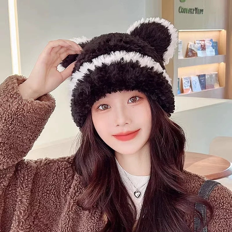 Cute bear wool hat female winter 2024 popular plush warm fluffy autumn and winter big head circumference knitted hat