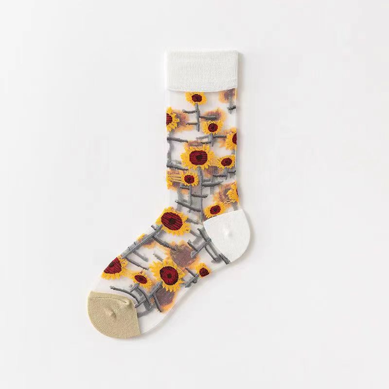 Spring and Summer Women's Socks, Thin Medium Tube Fashion Trendy Socks, European and American Style Flower Glass Stockings