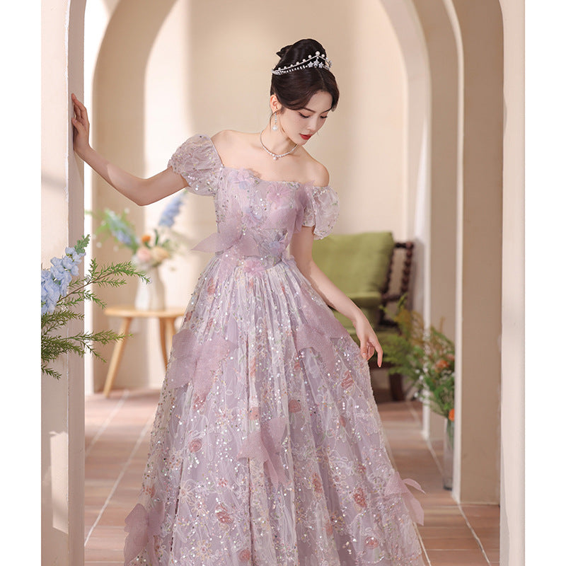 Lilac Tulle Evening Gown - Fairy Princess Dress with Puff Sleeves for Banquet & Stage Events