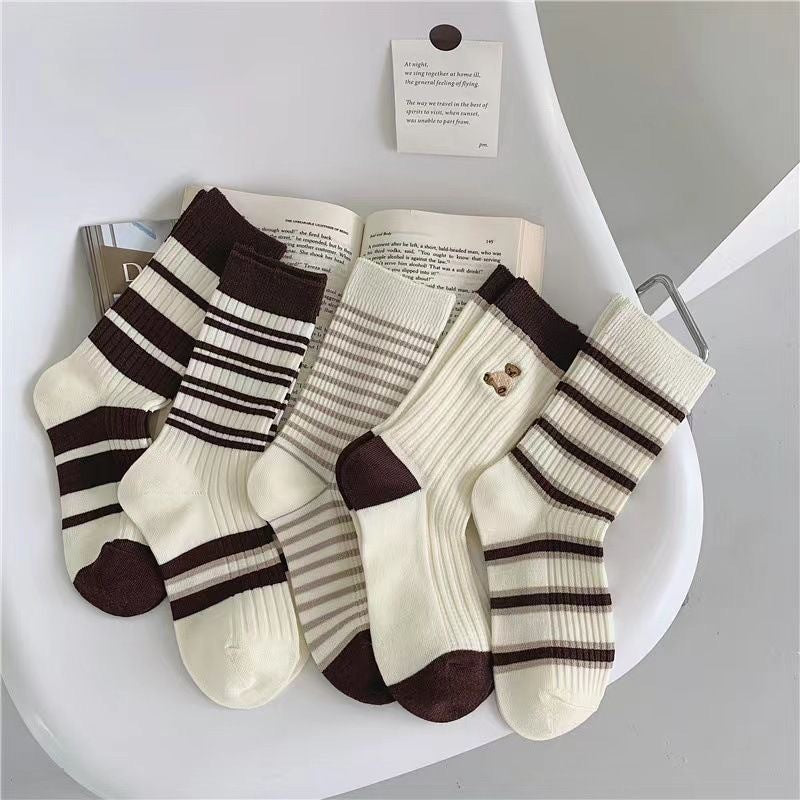 Coffee Color Simple Women's Autumn and Winter Striped Medium Tube Socks Color Matching Thermal Socks Women's Contrasting Color Stacking Socks