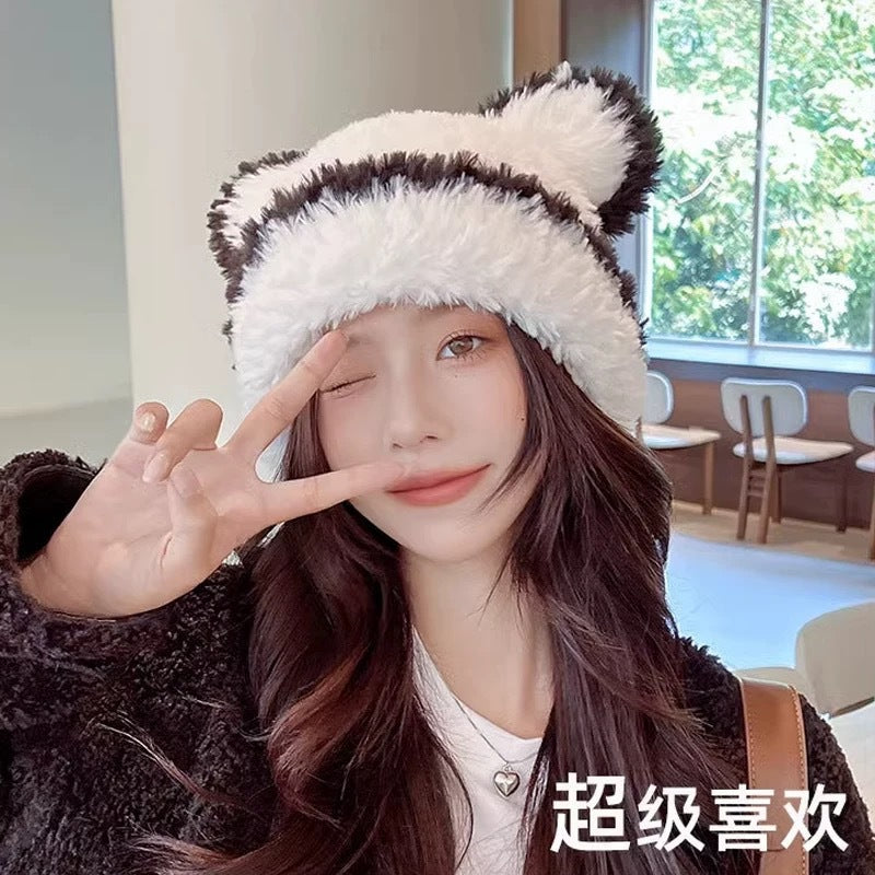 Cute bear wool hat female winter 2024 popular plush warm fluffy autumn and winter big head circumference knitted hat