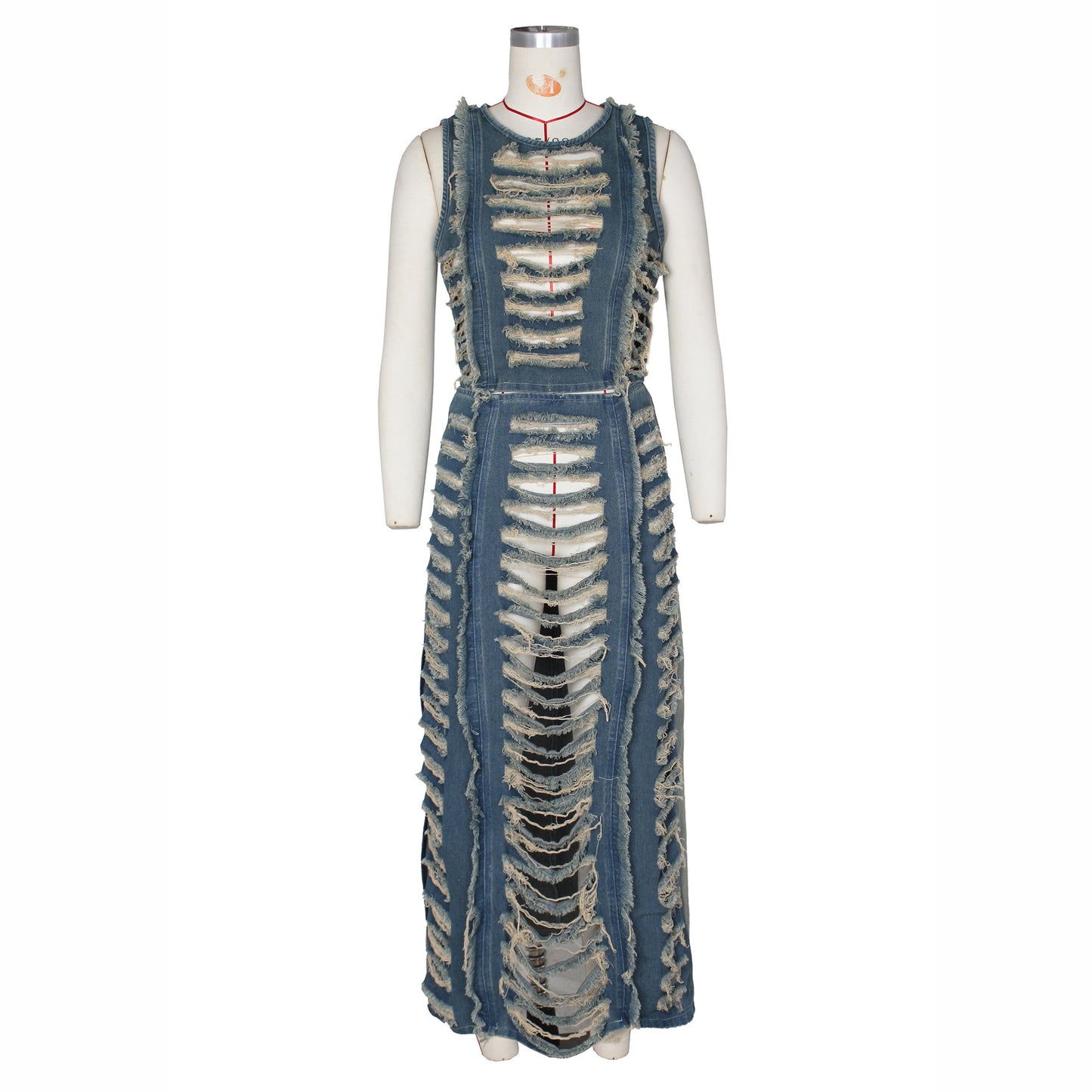 Denim Suit Set - Asymmetric Vest & High-Slit Skirt | Y2K Streetwear Coord Outfit