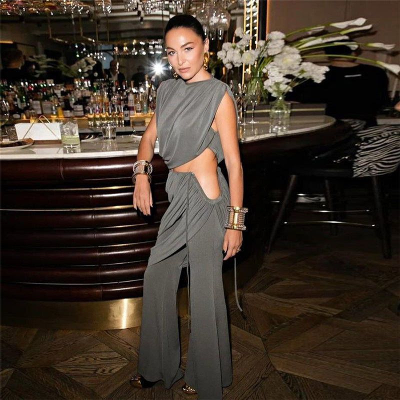 Trendy Women’s Pleated Round-Neck Tee & Asymmetric High-Waisted Trousers Set - Fall Winter Essentials