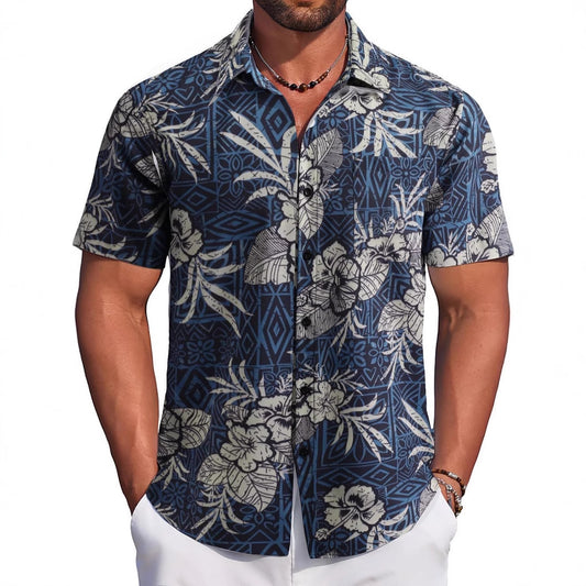 Capsule Wardrobe Essential | Sustainable Hawaiian Shirts | Unisex Cropped Sleeve Beach Tops with AI-Enhanced Floral Patterns