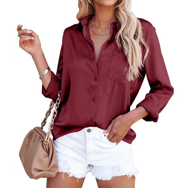 Spring Viral Acetate Satin Blouse: Luxe Solid-Tone Long Sleeve Office Shirt for Women Trending Workwear Minimalist Fashion