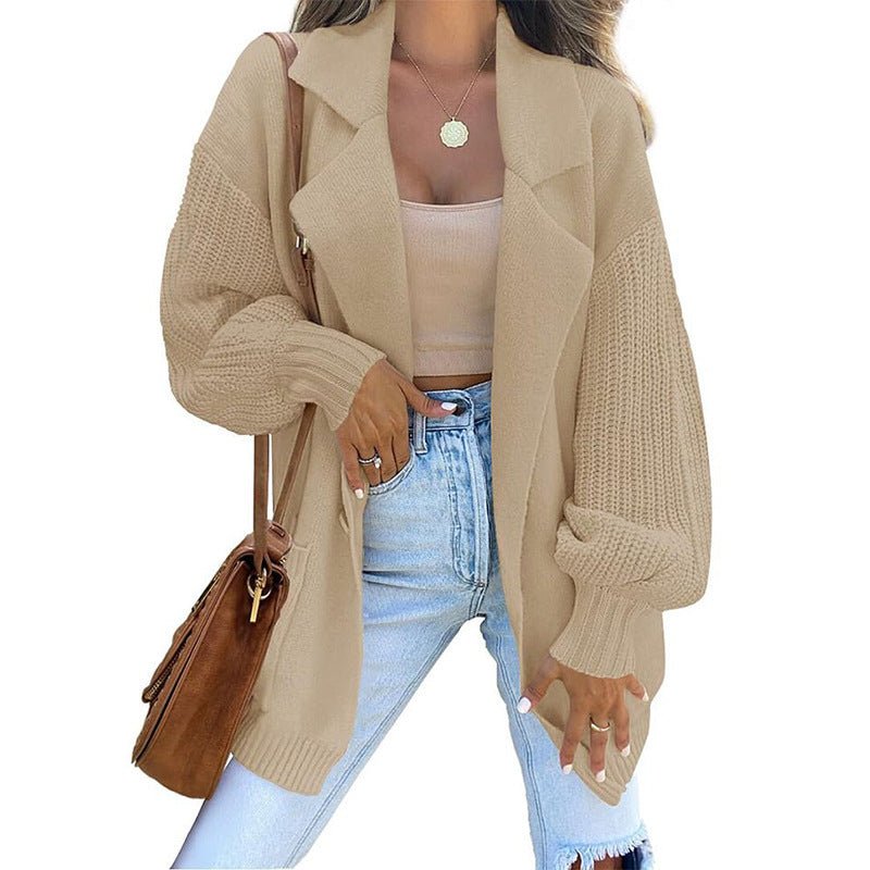 New Sweater Cardigan Solid Color Suit Collar Long Sleeve Knitted Jacket Winter Fashion Sweater