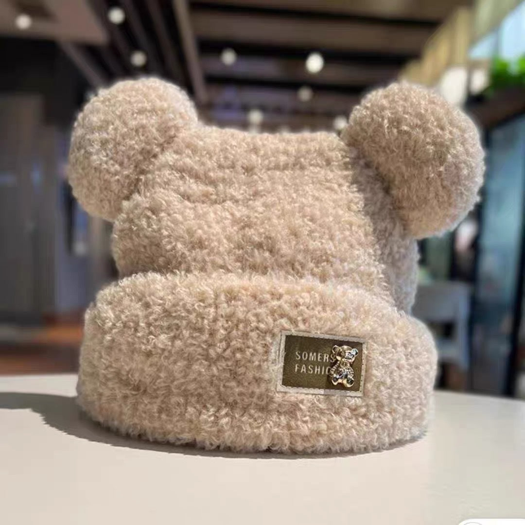 Cute bear wool hat female winter 2024 popular plush warm fluffy autumn and winter big head circumference knitted hat