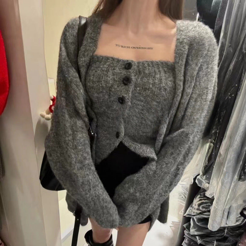 Sexy Tube Top Cardigan Women's Autumn and Winter New Gentle Soft Waxy Lazy Wind Sweater-2 PCS SET