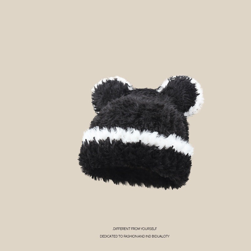 New Knitted Hat Children's Winter Wool Stripes Show A Small Face Plush Warm Thickened Large Head Circumference Ear Protectors Stacking Hat