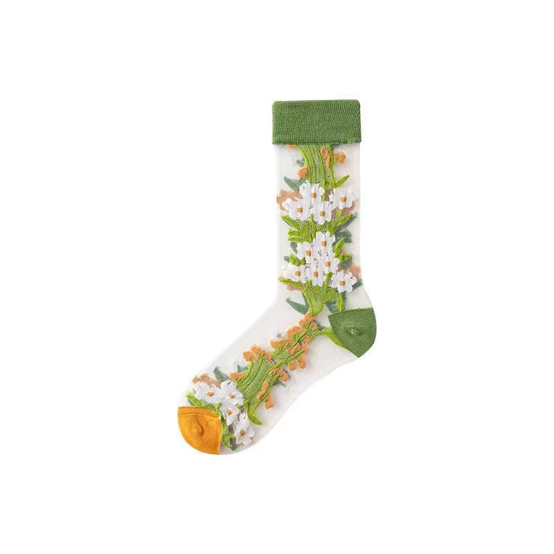 Spring and Summer Women's Socks, Thin Medium Tube Fashion Trendy Socks, European and American Style Flower Glass Stockings