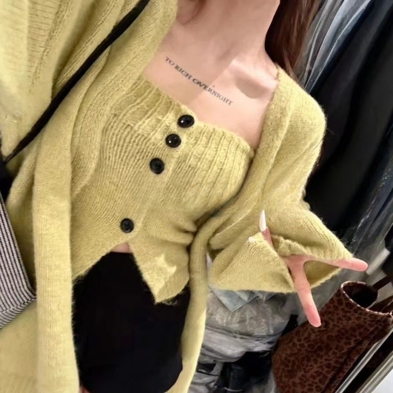 Sexy Tube Top Cardigan Women's Autumn and Winter New Gentle Soft Waxy Lazy Wind Sweater-2 PCS SET