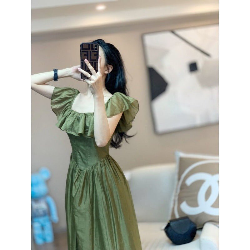 Green one-word shoulder square neck bubble sleeve dress women's summer new temperament long skirt