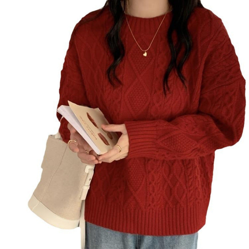 New Year's Red Twist Sweater Women's Autumn and Winter New Retro Lazy Wind Round Neck Pullover