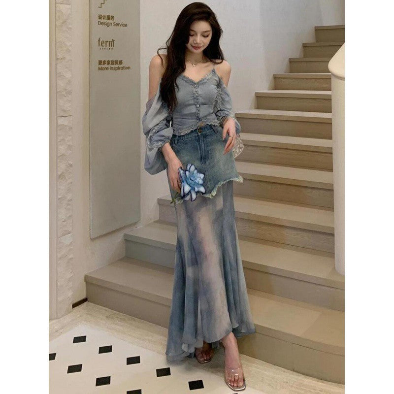Retro Lotus Leaf Edge Splicing Denim Skirt Summer New High Waist Rough Edge Design Fairy Dress