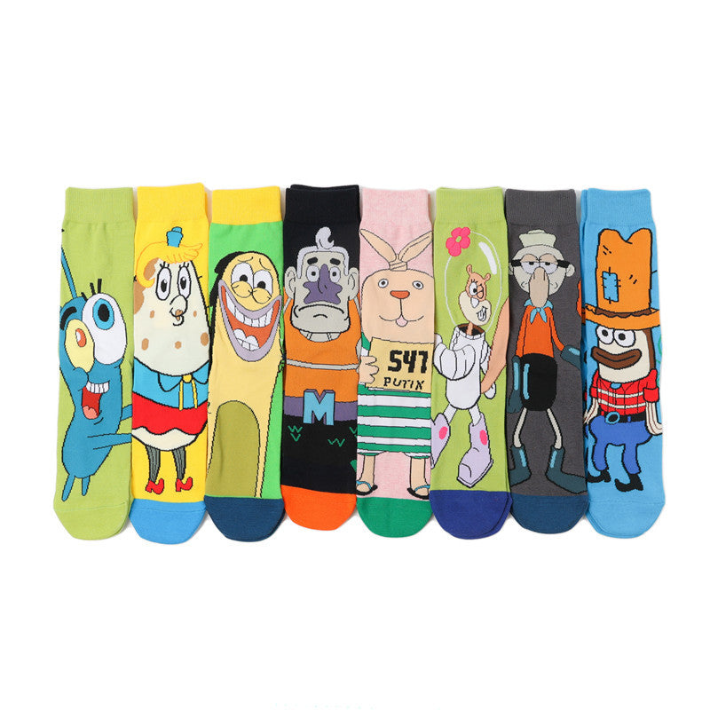 Tide Socks Cotton Cute Animation Socks Cartoon Men's Flower Socks Medium Tube Socks Women's Stockings-5PRS
