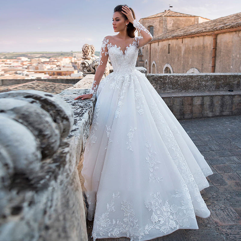 Ethereal V-Neck Wedding Gown | Vintage-Inspired Train & Long Sleeves | Fairy Mori Princess Silhouette