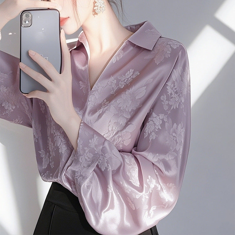 Women’s Purple Satin Jacquard Blouse - French Vintage Fall Long Sleeve Elegant Shirt