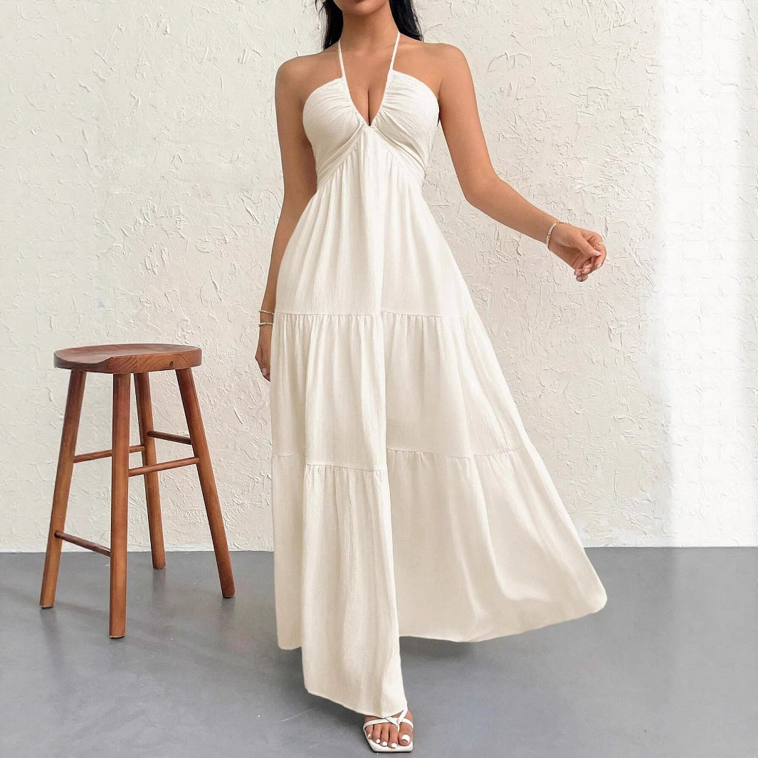 Coquette Beach Dress | Halter V-Neck White Pleated A-Line | Romantic Vacation Dress