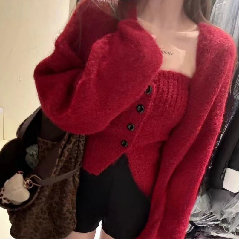 Sexy Tube Top Cardigan Women's Autumn and Winter New Gentle Soft Waxy Lazy Wind Sweater-2 PCS SET