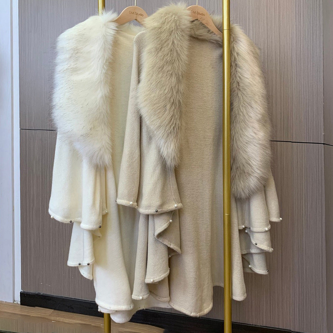 New Imitation Fox Fur Collar Hem Bead Knitted Shawl Cape Large Size Cardigan Loose Coat Women