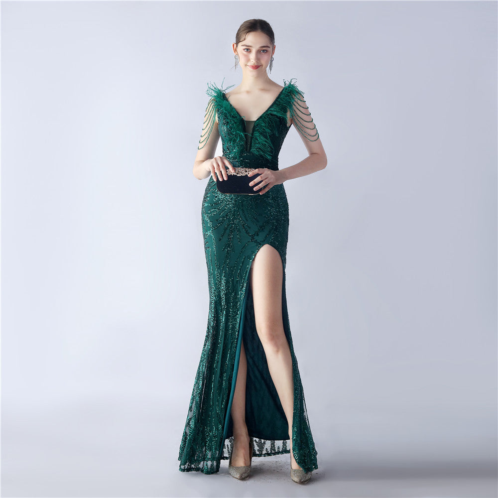 Luxe Feather & Sequin Maxi Gown | Heavy Beadwork