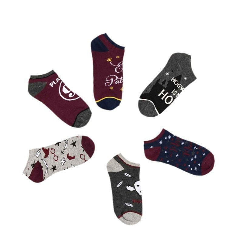 Short Socks Men's Trendy Socks Four Seasons Harry Potter Socks Cartoon Cotton Socks Medium Boat Socks-5PRS