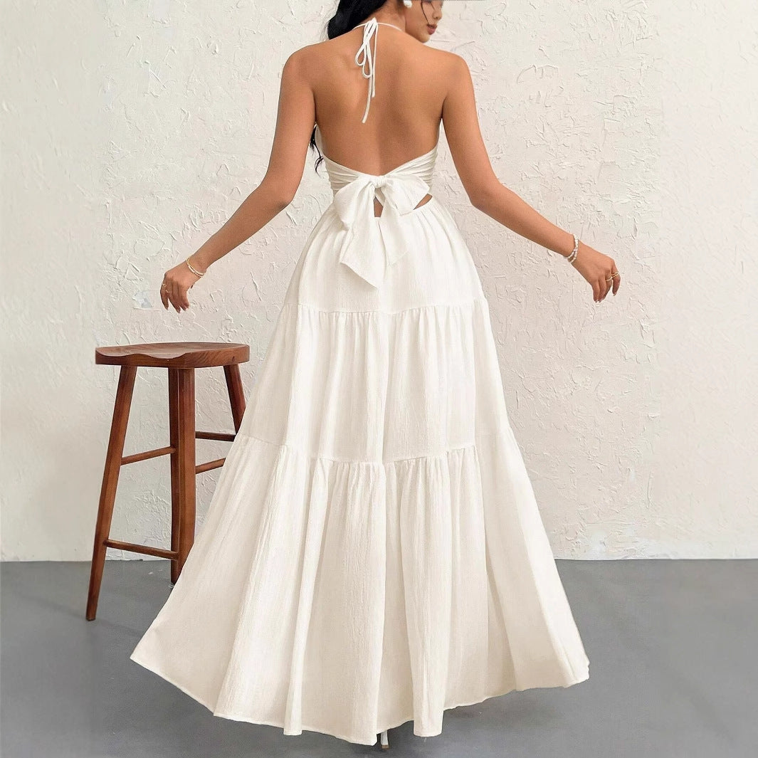 Coquette Beach Dress | Halter V-Neck White Pleated A-Line | Romantic Vacation Dress