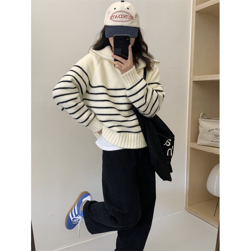 Striped Half-zipper Pullover Sweater Women's Autumn and Winter New Loose Lazy Wind Thick Knitted Sweater