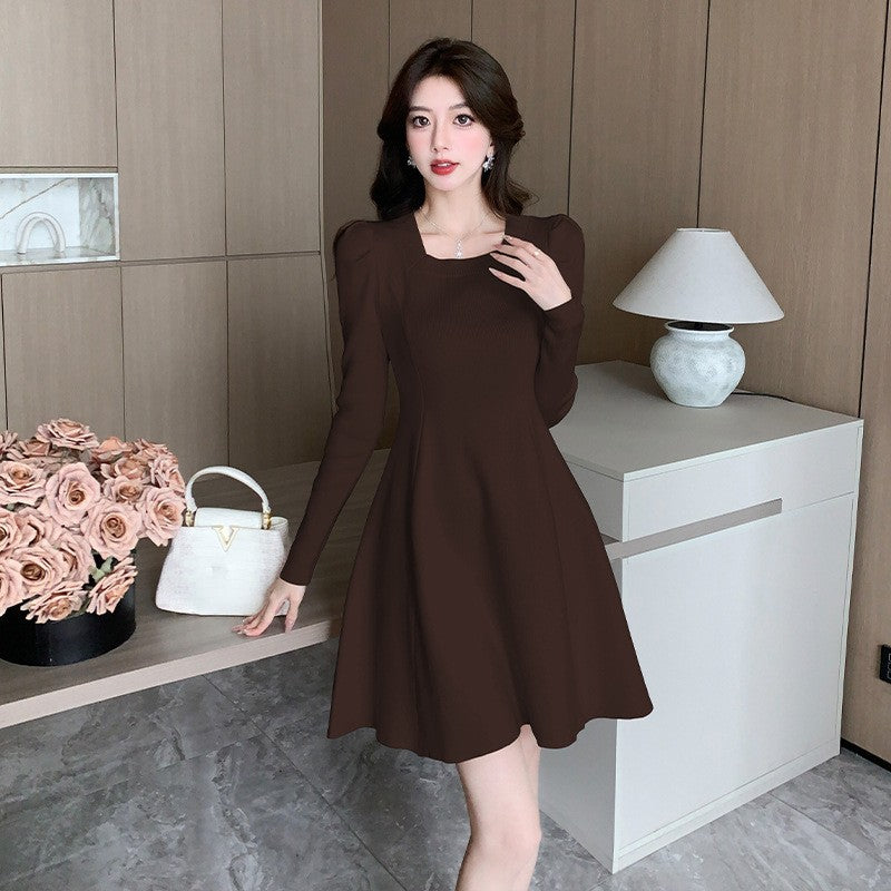 New Small French Square Neck Knitted Dress Women's Waist Bottom with Coat A-word Sweater Skirt Tide