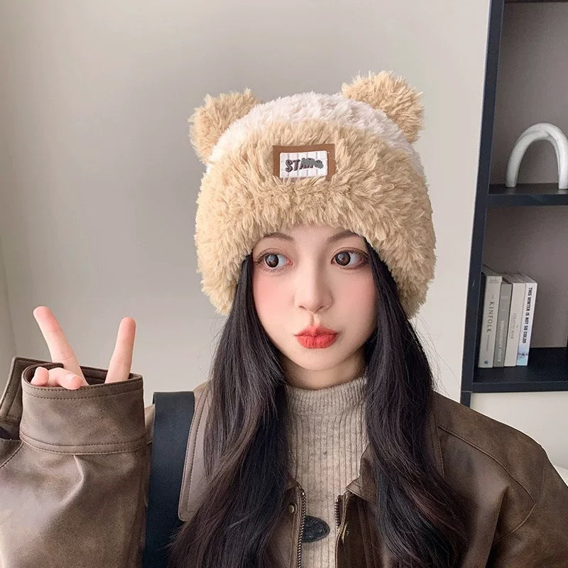 Cute bear wool hat female winter 2024 popular plush warm fluffy autumn and winter big head circumference knitted hat