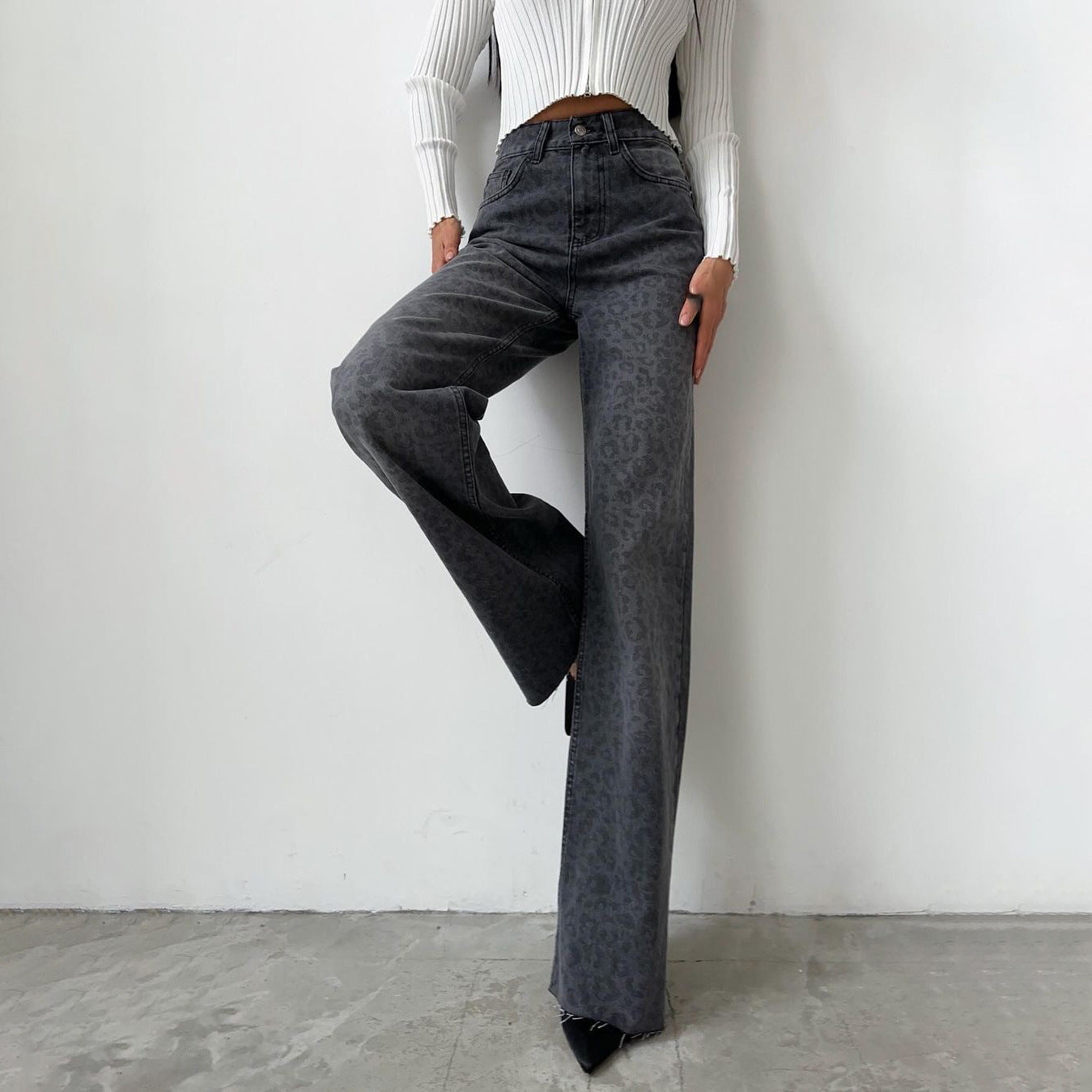 Women's Wide-leg Leopard Print Jeans Spring Summer Slim Straight Trousers Spice Girl Fashion Versatile Design