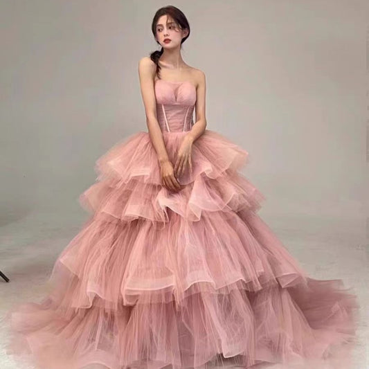 Pink Evening Dress Women's High-end Tube Top Light Wedding Dress French Banquet Light Dress Adult Dress Trailing Princess Dress