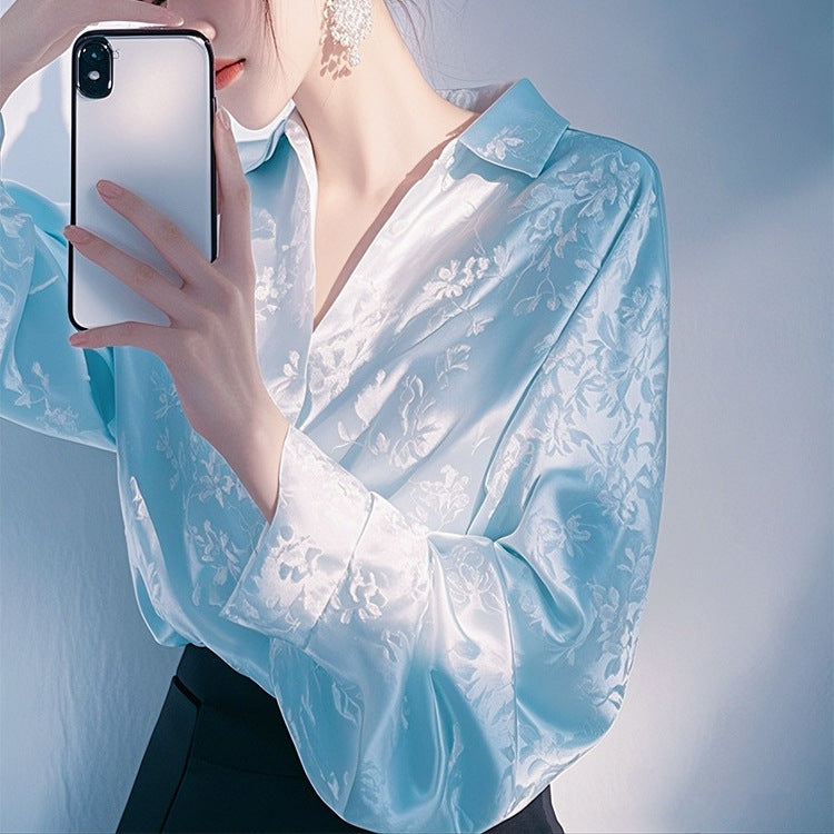 Women’s Purple Satin Jacquard Blouse - French Vintage Fall Long Sleeve Elegant Shirt