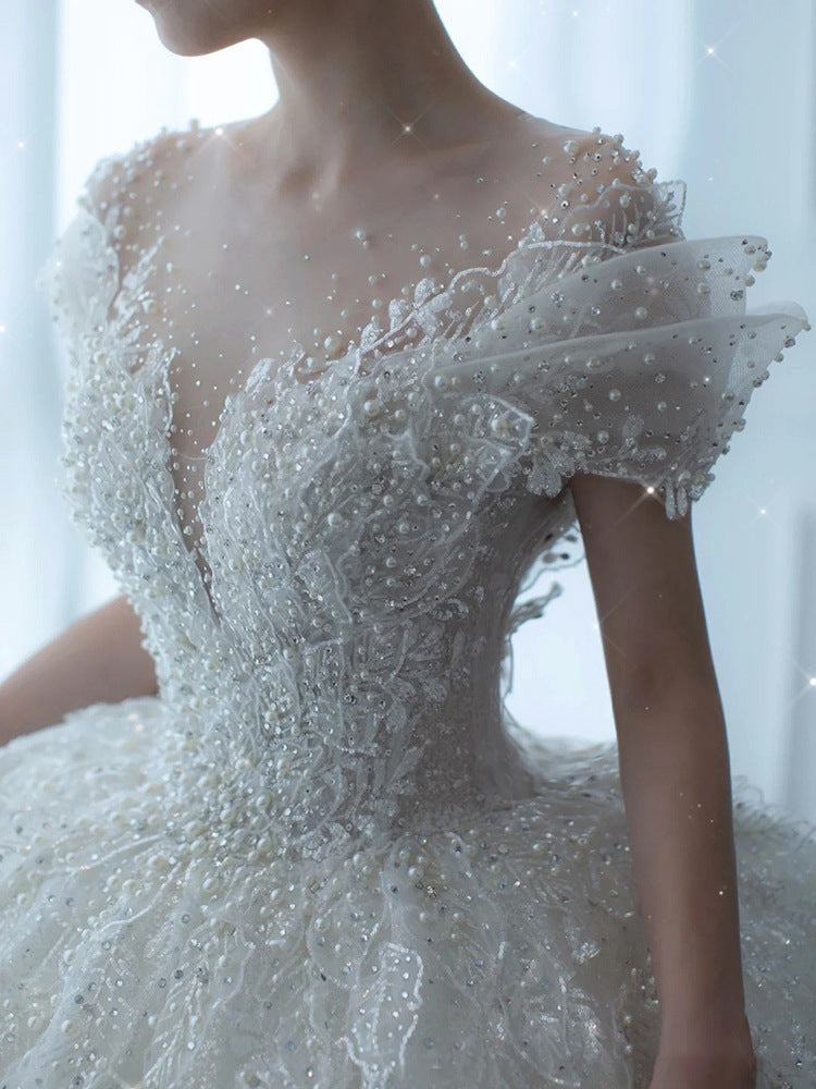 Empire Waist Maternity Wedding Gown | Bump-Friendly Princess Cut & Royal Train | Regal French Alençon Lace Dress