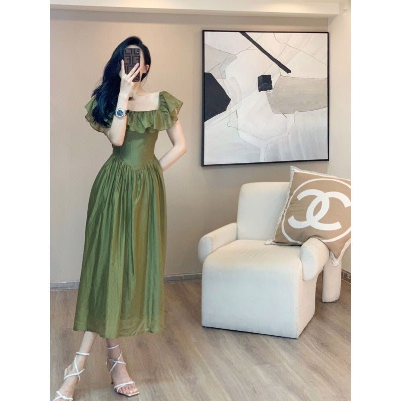 Green one-word shoulder square neck bubble sleeve dress women's summer new temperament long skirt