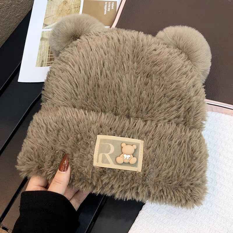 Cute bear wool hat female winter 2024 popular plush warm fluffy autumn and winter big head circumference knitted hat