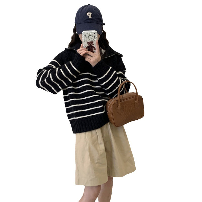 Striped Half-zipper Pullover Sweater Women's Autumn and Winter New Loose Lazy Wind Thick Knitted Sweater