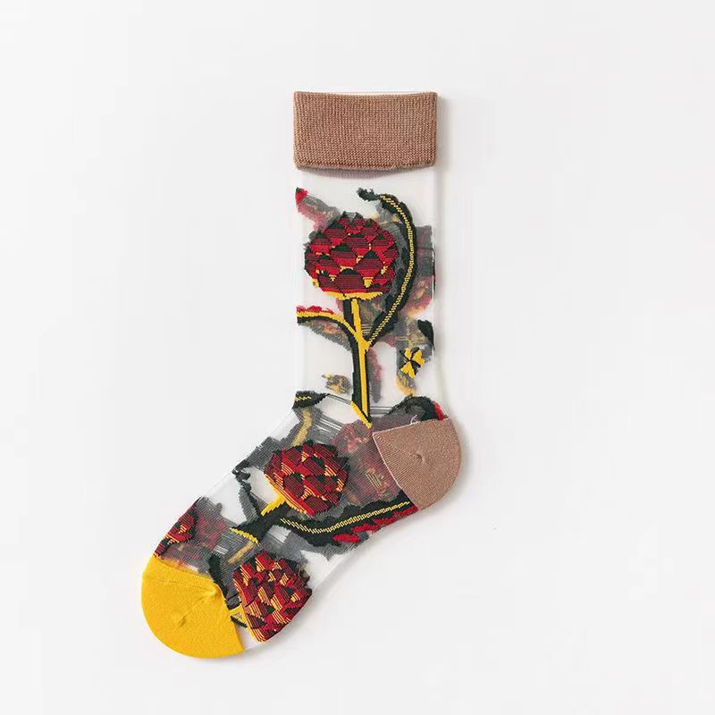 Spring and Summer Women's Socks, Thin Medium Tube Fashion Trendy Socks, European and American Style Flower Glass Stockings