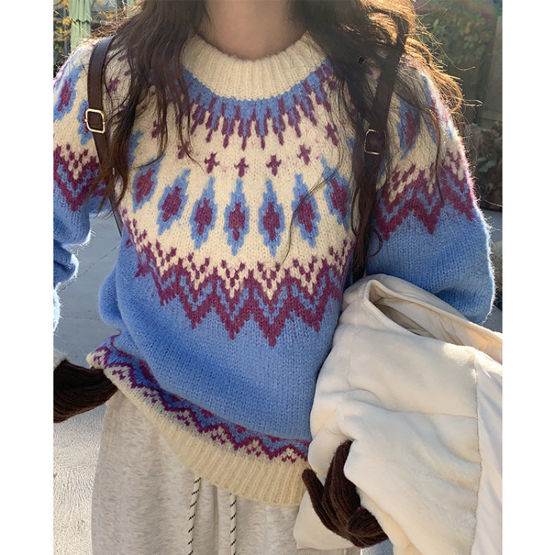 Pink Jacquard Sweater for Women's Autumn and Winter New Age-reducing College Style Pullover for Women