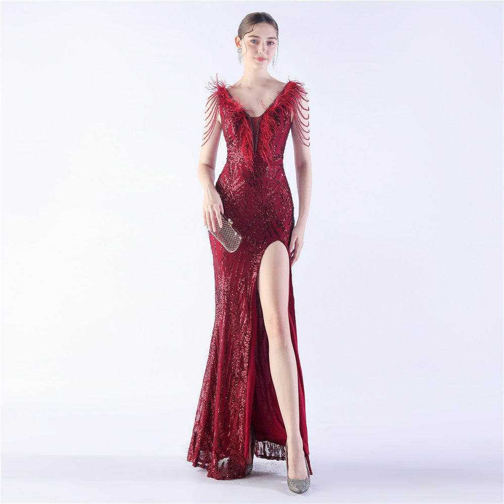 Luxe Feather & Sequin Maxi Gown | Heavy Beadwork