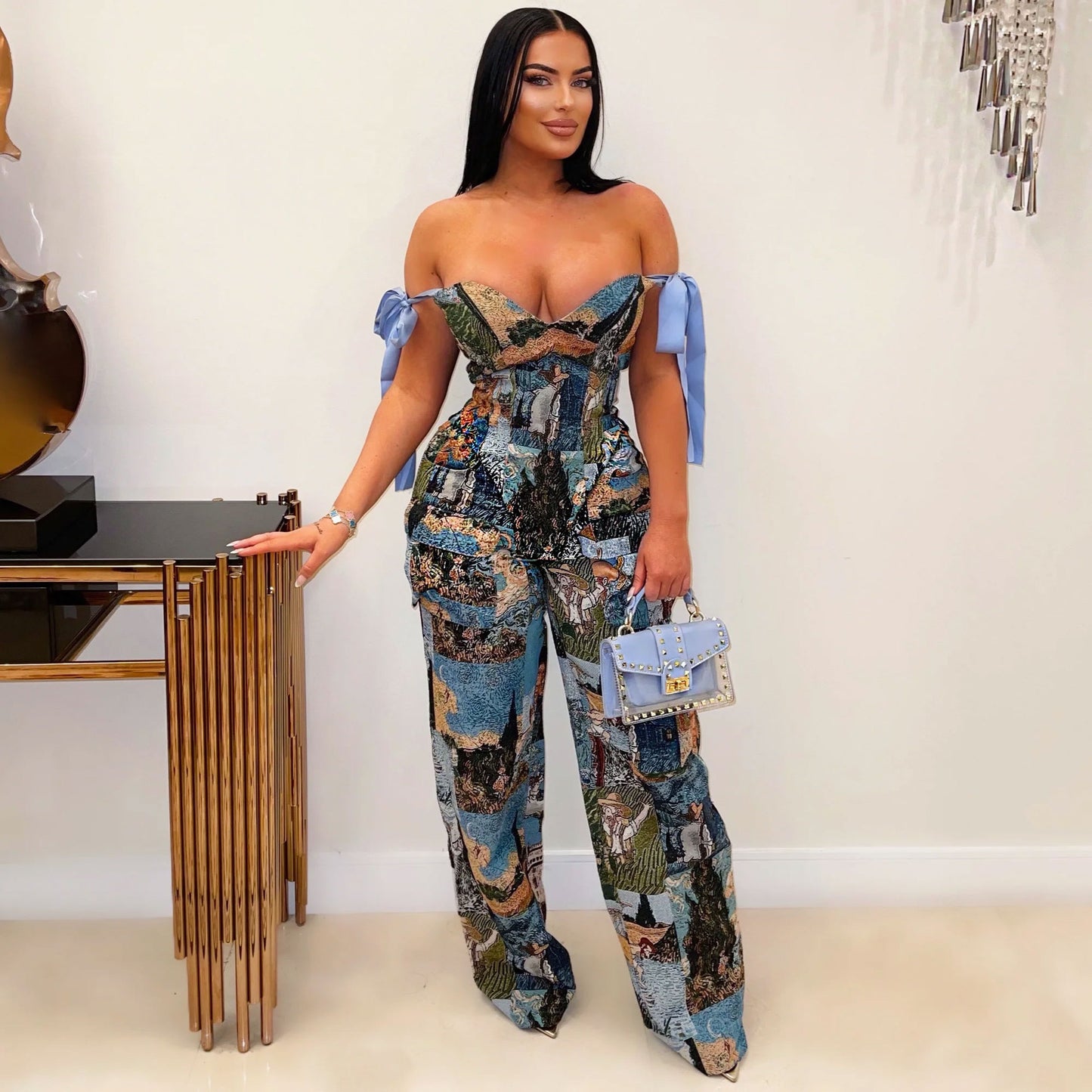 Stylish Oil-Print Cargo Pants - Drawstring Waist, Multi-Pocket Utility Set | Trendy Artistic Design
