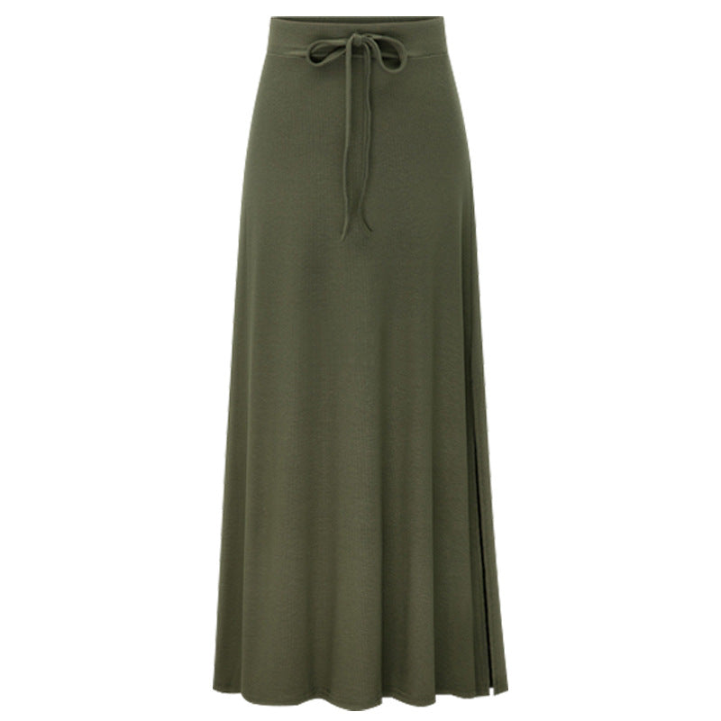Large Size Women's Clothing Fashion Knitted Skirt High Waist Medium and Long Slit A-shaped Skirt Elastic Over The Knee