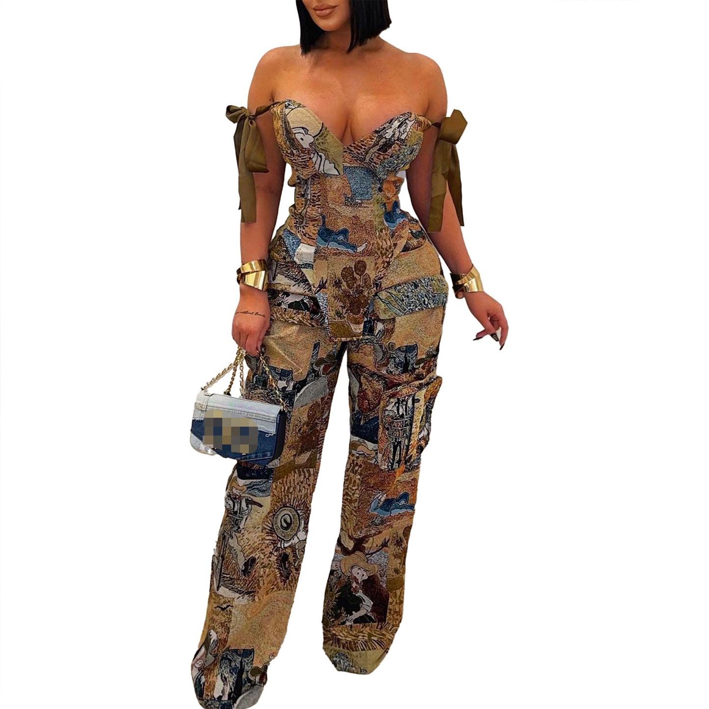 Stylish Oil-Print Cargo Pants - Drawstring Waist, Multi-Pocket Utility Set | Trendy Artistic Design
